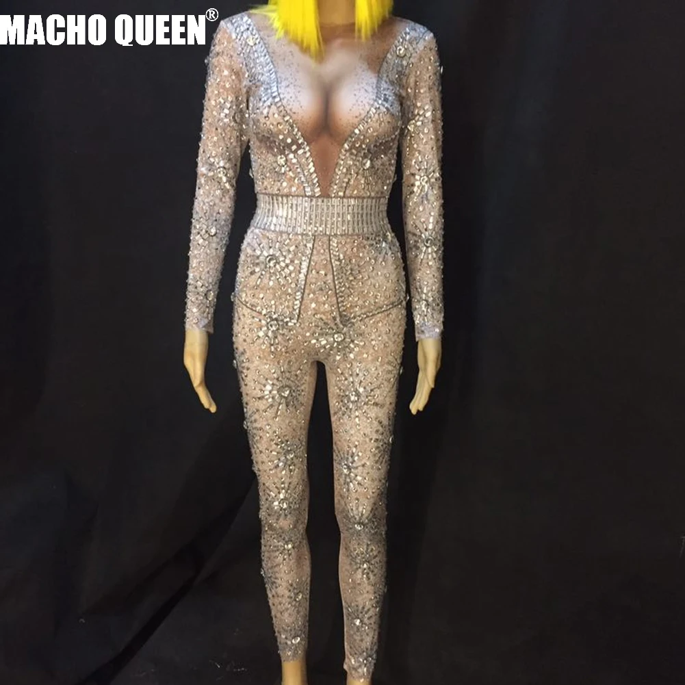 Sparkly Silver Rhinestone Bodysuit Crystal Jumpsuit Shining Big Stones