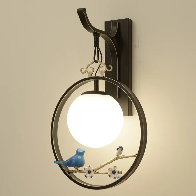 

Vintage Iron bird flower wall light creative Chinese style wall sconce bedside hotel restaurant lamp aisle study club bra lamp