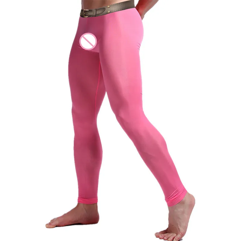 Sexy Men's Ultra-Thin Silky Long Johns Thermal Pants Cool Leggings Underwear Comfortable See Leggings Lingerie Long Johns