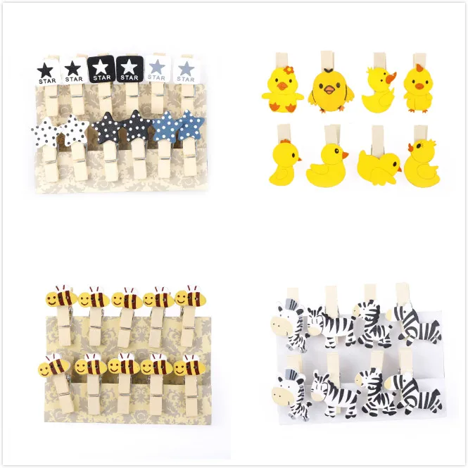 8/10/12pcs Horse Zebra Star Duck Bee Love Panda Owl Wooden Clip Photo Paper Craft DIY Clips with Hemp Rope