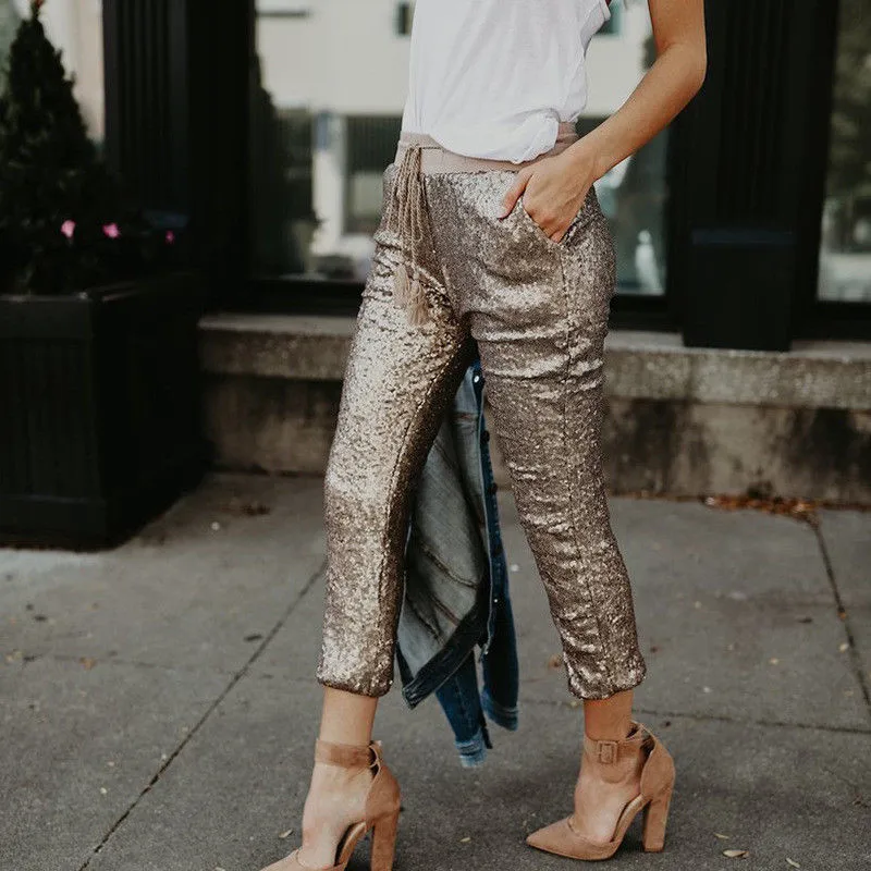 Женские облегающие брюки с высокой талией повседневные блестками|pencil pants|fashion pants