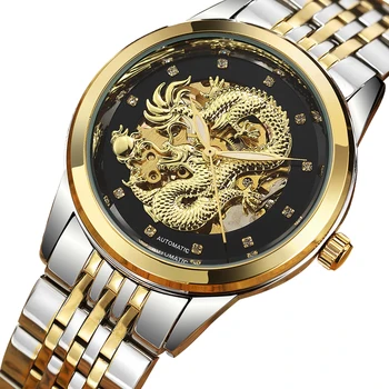 

LUXury Dragon Skeleton Automatic-Self-Wind Mechanical Watches Men Wrist Watch Stainless Steel Strap Gold relogio bayan kol saati
