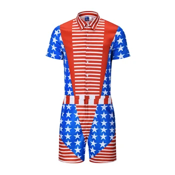 

Anime Star strip fake two piece 3D printed jumpsuit summer new shirt overalls men short sleeve cosplay costume anime