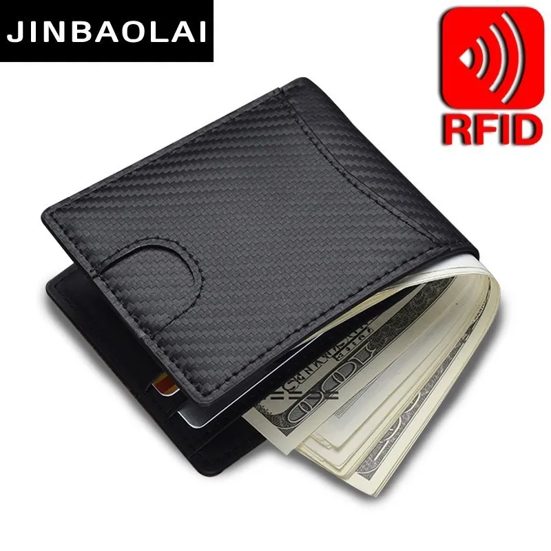 

Luxury Carbon Fiber Leather Slim Money Clip Bifold Front Pocket RFID Blocking Wallet Slim Male Purse