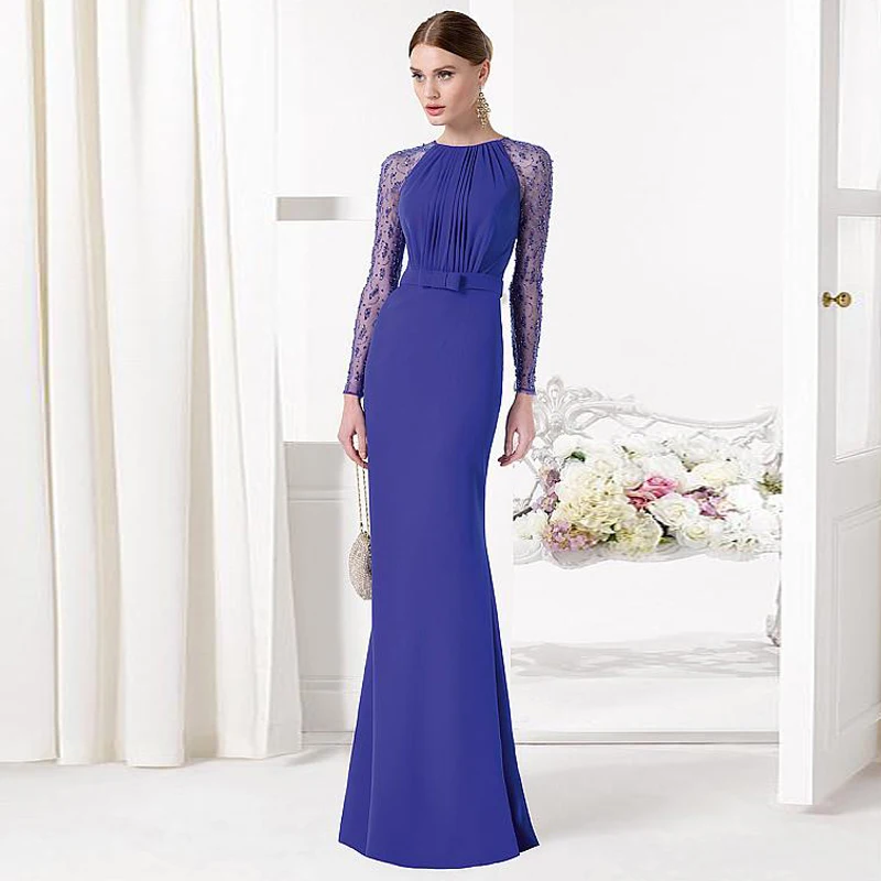 Long Purple Evening Dress 2016 O Neck Beading Pleated Sashes Long