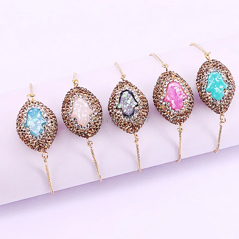 10 шт. горный хрусталь проложили Хамса рук Самоцветы Овальный Разъем Шарм Браслеты металлический браслет-цепочка регулируемый