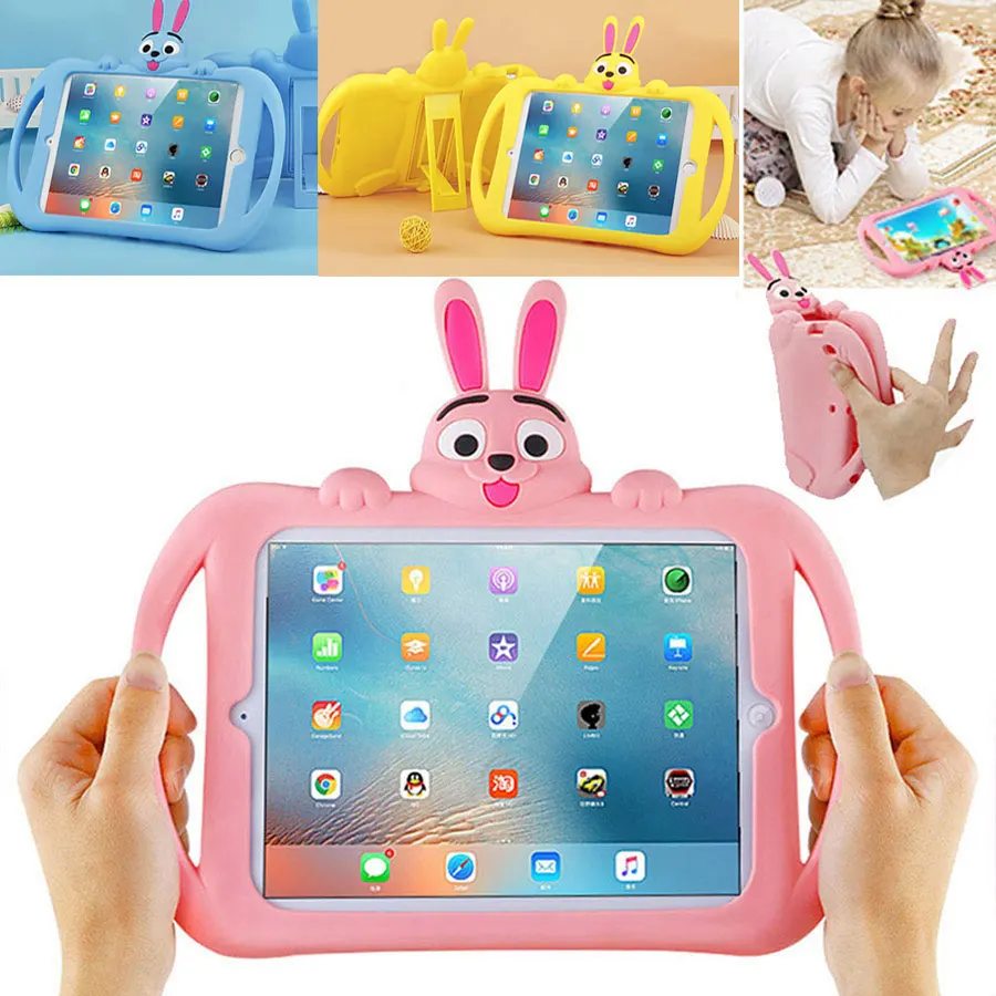 Baratos Los niños a prueba de golpes caso para iPad 9,7 2018, 2017 2 niños de dibujos animados conejo seguro soporte de silicona funda Tablet caso para iPad 5 6