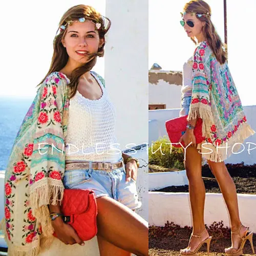 

hirgin new fashion womens Floral Tassels Fringed Cuff Hem Chiffon Kimono Blouses female Shirts ladies casual tops