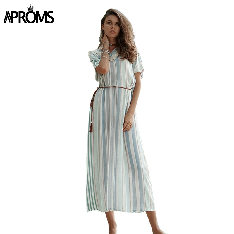 

Aproms Bohemia Ethnic Tassel Striped Print Loose Beach Maxi Dress Summer V-neck Women Robe Sexy Long Tunic Dresses 2019 Vestidos