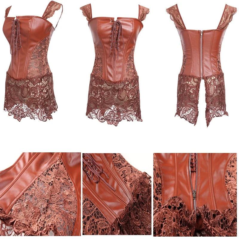 2017 Plus Size 5XL Women Sexy Lace Corsets Zipper Back Waist Cincher Steampunk Burlesque Faux Leather Corset Overbust (9)