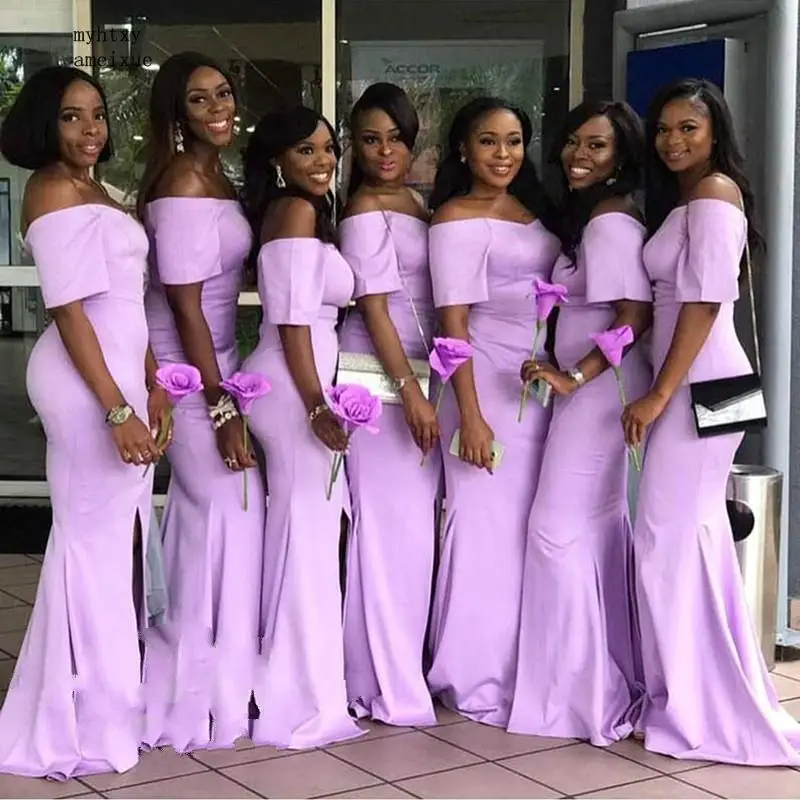 

2019 Front Split Mermaid Bridesmaid Dresses With Short Sleeves Lilac Satin Off Shoulder Long Maid Of Honor Dress For Wedding