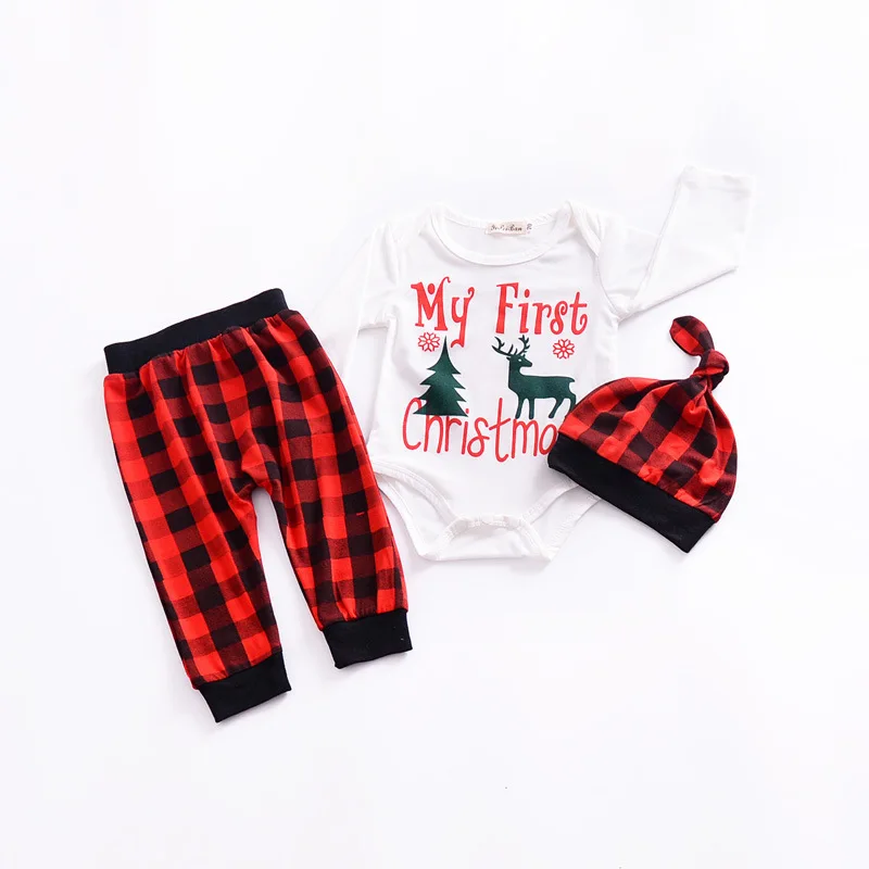 

Christmas Sets Baby Girl Clothes Long- Sleeved Rompers +Pants+Hat Casual Infant 3pcs Outfits Set Baby Clothing Hot Sale