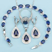 925 пробы Серебряные вечерние комплекты ювелирных изделий с фианитом Королевского синего цвета для женщин, свадебные браслеты/серьги/кольца/кулон/ожерелье