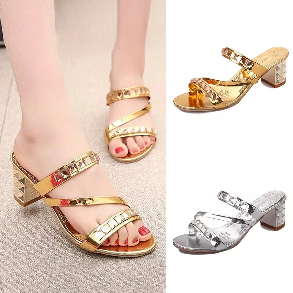 

Sequins Gold And Silver Bling Square High Heels Sandals Open Toe Cross strap Hollow Out Slip On Slides Leisure Women Outdoor