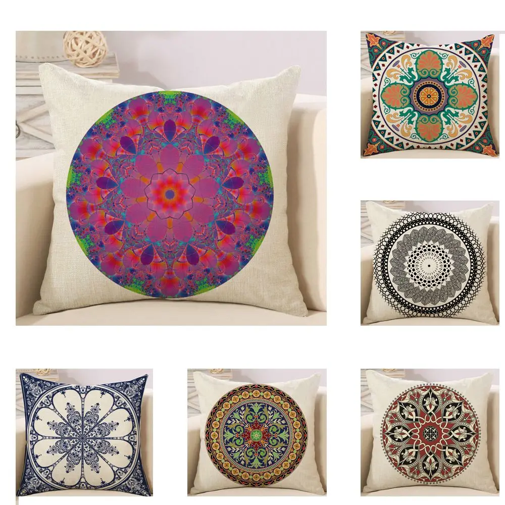 RUBYLOVE 17.7 Cotton Linen Colorful Mandala Flower Home Decorative Sofa Throw Square Cushion Cover Car Seat Waist Pillow Case