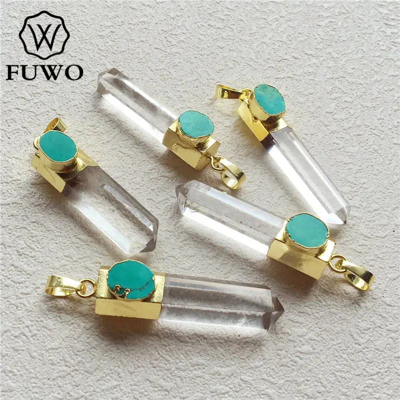 

FUWO Polished Crystal Pillars Pendant With 24K Gold Electroplated Real Crystal Quartz Turquoises Charm Pendant Wholesale PD212