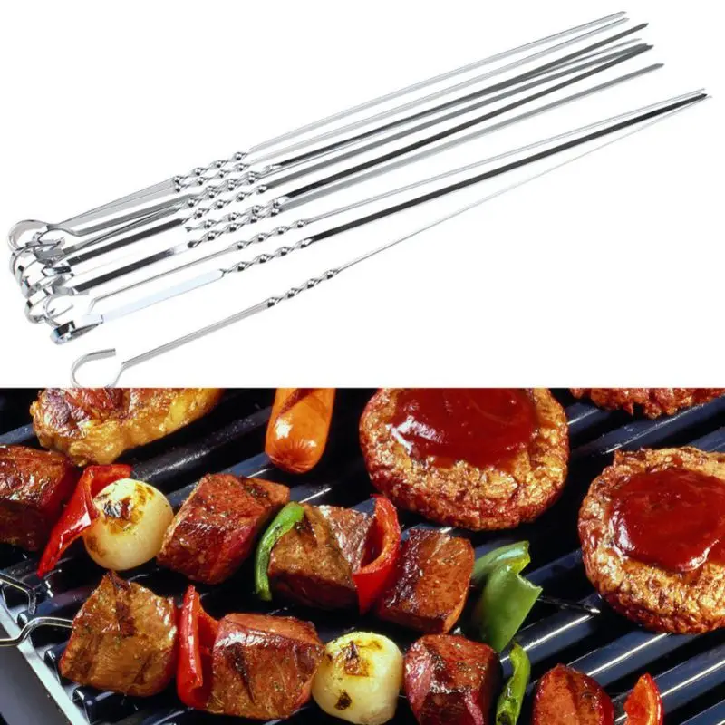 10pcs 15.35inch Stainless steel Flat BBQ Sticks Metal BBQ Barbeque