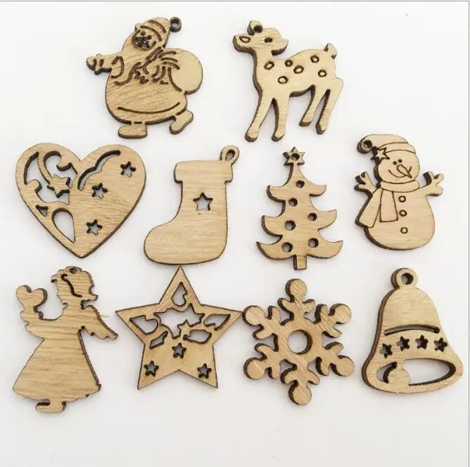 

50pcs Environmentally friendly natural retro color creative cartoon wood Christmas day decorations