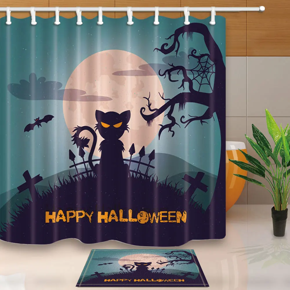 

Happy Halloween Shower Curtains Moon Cat Polyester Fabric Bath Screens Waterproof and Mildew Proof with 12 Hooks Home Decoration