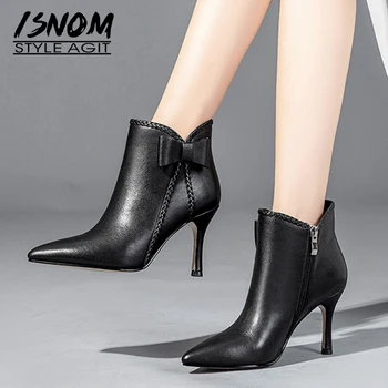 

ISNOM Thin High Heels Women Ankle Boots Zip Pointed Toe Footwear Weave Leather Female Boot Fashion Office Shoes Woman Spring