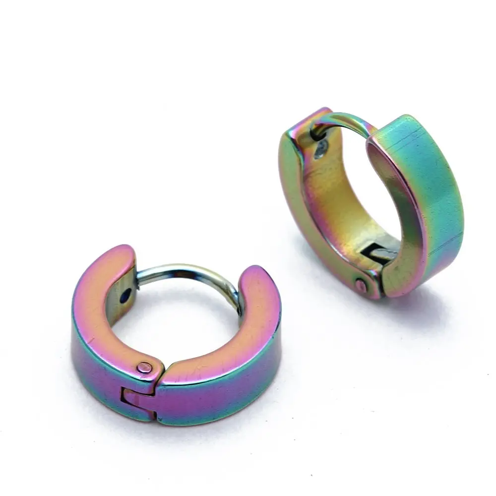 Pair Men's Hoop Huggie Earrings Titanium Steel 4mm x 9mm Multicolorin