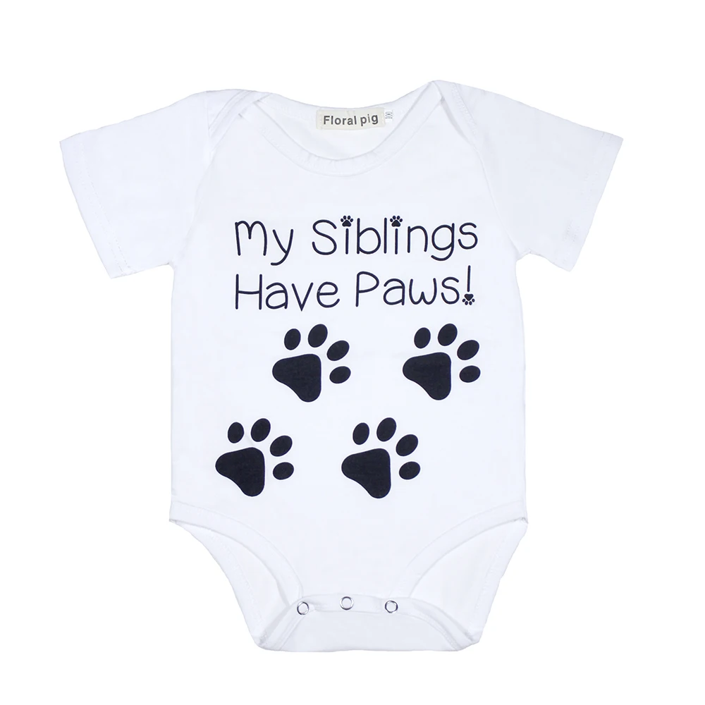 

My Siblings Have Paws Letter Print Animal Paws White Short Sleeves 2017 Spring Newborn Baby Clothes Boy Girl Romper Baby Suit