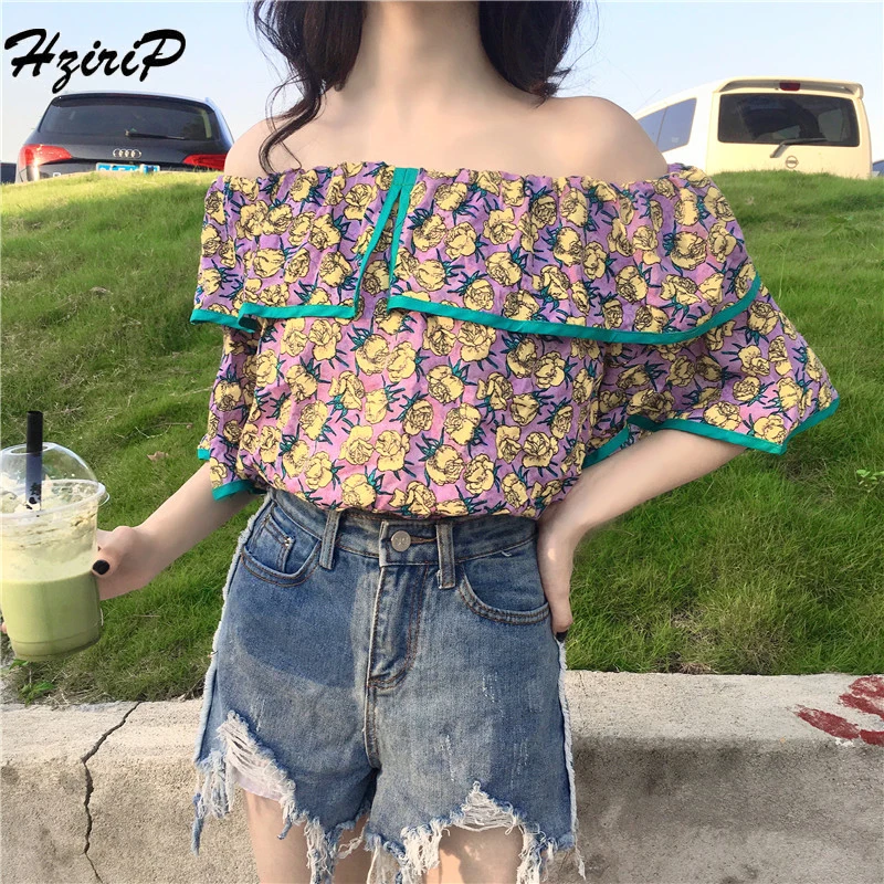 Hzirip 2018 Summer Female Flower Print Blouse Slash Neck Off Shoulder Lantern Sleeve Blouses
