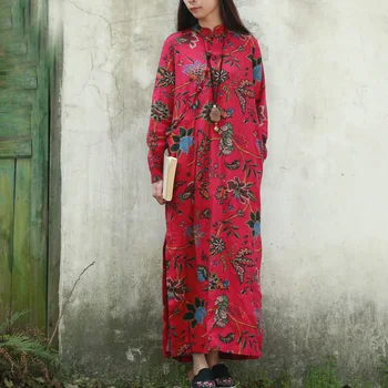 

2019 Spring Autumn Chinese style Slanting lapel Cheongsam frog Chi-pao dress long sleeve cotton linen long robe vestidos