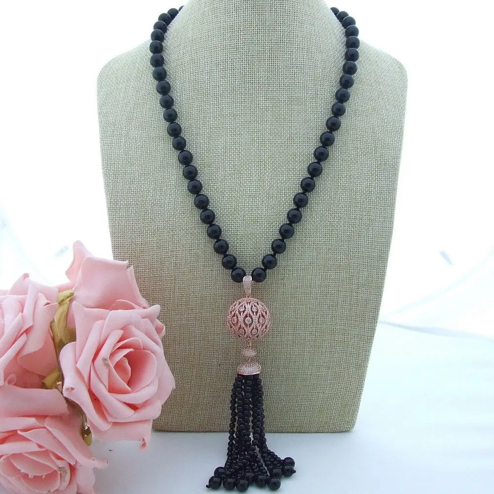 Очаровательное круглое ожерелье с черным ониксом микро инкрустация цирконием аксессуары-кисточки кулон ожерелье длиной 58 см