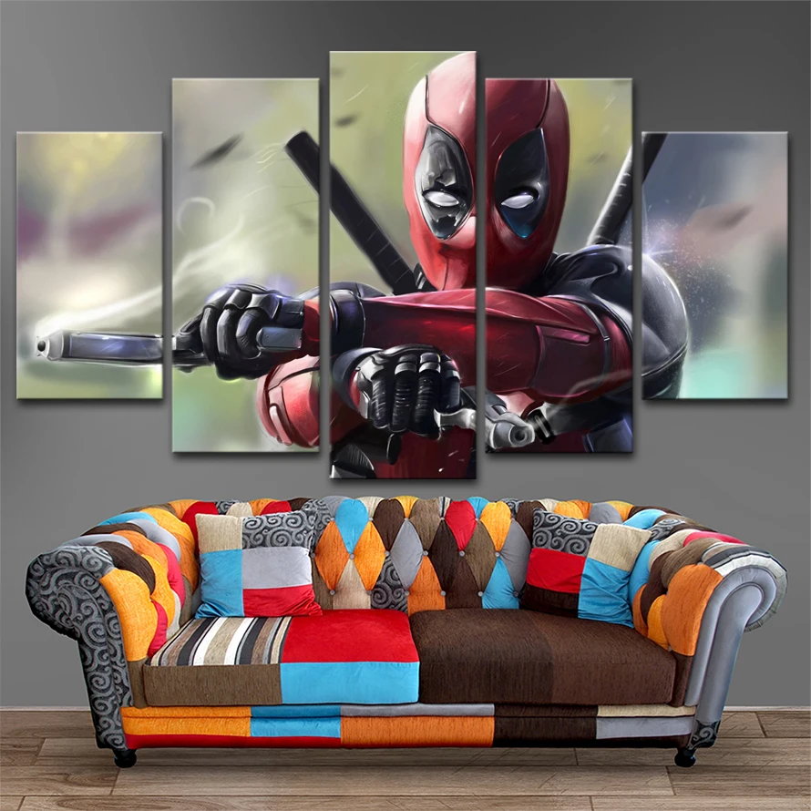 

Canvas Painting 5 Pieces Deadpool Modular Picture Wall Decorative Framework Modern Artwork Canvas Printing Type Movie Poster