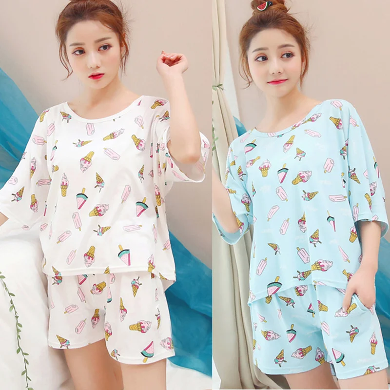 

Women Pajama Sets Thin Women's Cotton Pajamas Short Sleeve Sleepwear Women Round Neck Bow Pajamas Suit Summer Casual Homewear