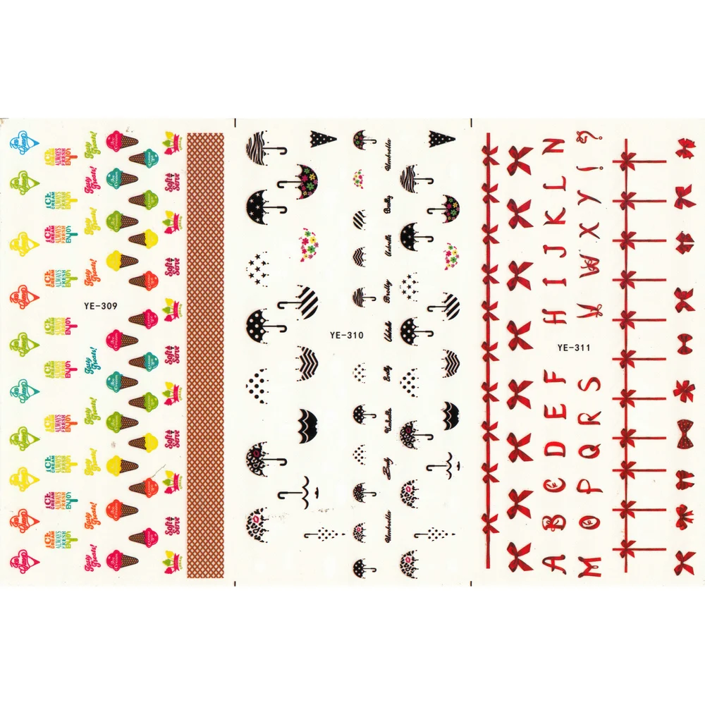 

3 PACK/ LOT WATER TRANSFER DECAL NAIL ART NAIL STICKER UMBRELLA BOW TIE ICE CREAM YE309-311