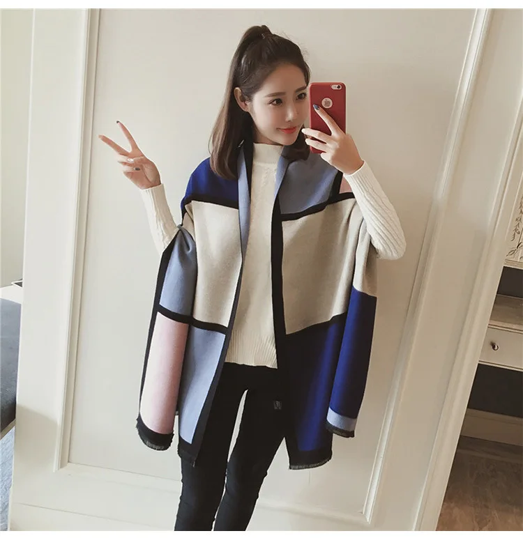 Chanycore Colorblock bow Fashion Winter scarf cashmere pashmina women scarfs Colorblock double-sided warm thick shawl for ladies