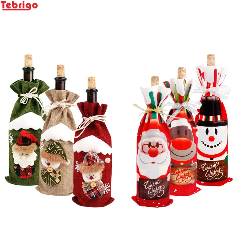 

Tebrigo 6Pcs/Set Christmas Decor For Home Santa Claus Decorating Wine Bottle Cover Bags Decoration Snowman Xmas Gift New Year