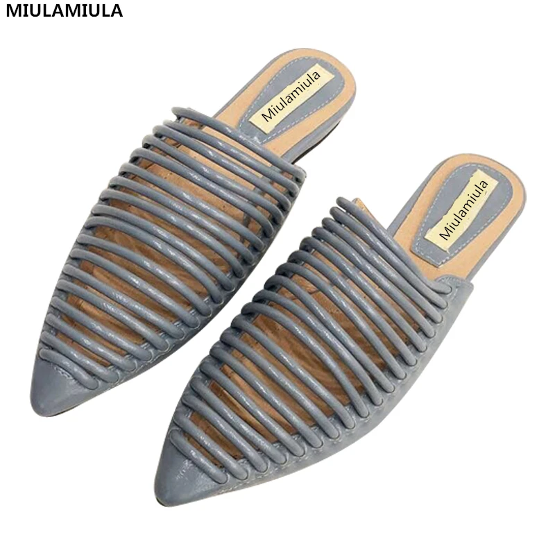 

MIULAMIULA Brand Designer 2019 Summer Black Blue Sexy Narrow Band Woman Shoe Flat Leather Slides Slip On Loafer Mules Flip Flops