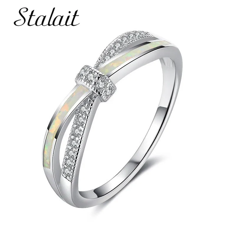 

Fashion Bow Rhinestone White Fire Opal Ring Jewelry For Women 925 Sterling Silver Wedding Engagement Rings Anillos Mujer