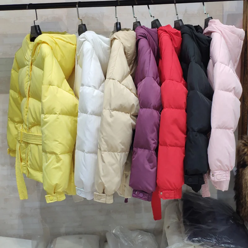 Goedkoop 2019 Winter Jas Vrouwen Slanke Hooded 90% Witte Eend Donsjack Met Riem Vrouwelijke Down Parka Dikke Warme Winterjas sneeuw Uitloper