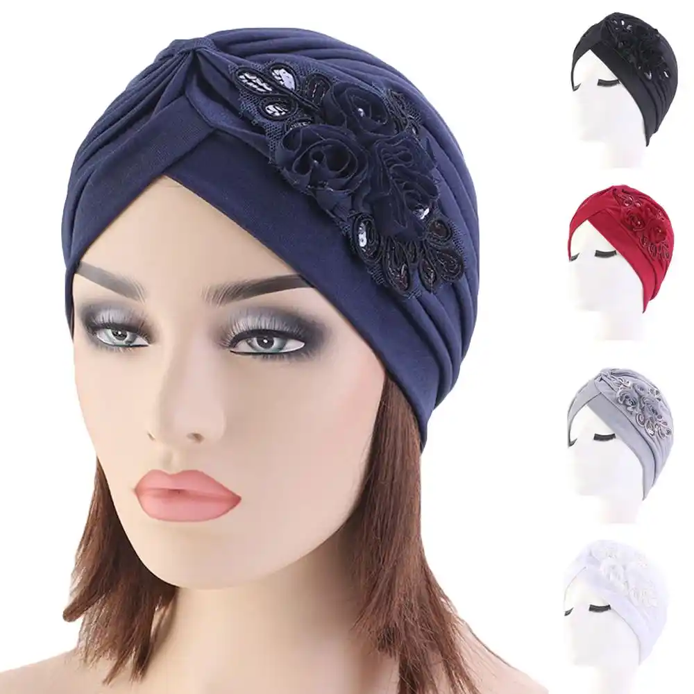 Women Soft Velvet Pearl Turban Hat Muslim Indian Chemo Cap Arab Wrap Headwear