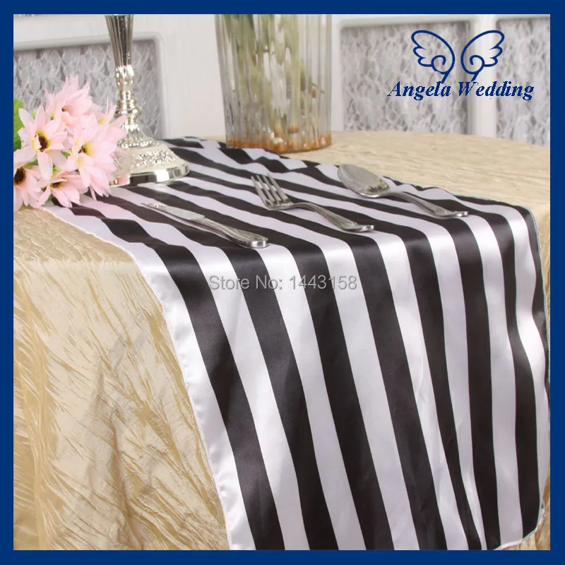

RU010A Custom made Wedding satin black and white stripe table runner