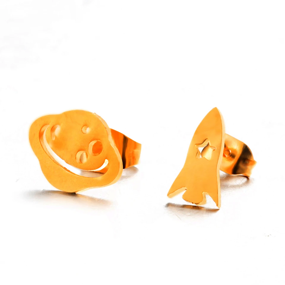

Cute Stainless steel Cartoon Mars Stud Earrings 304 Stainless steel Golden & Silver Fashion Moon Rocket earrings for women