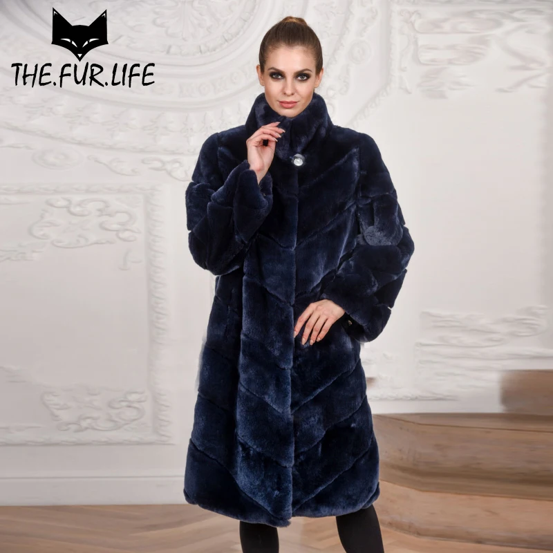 2018 Fashion Women Real Fur Coat Nature Fur From Rex Rabbit Fur Creative Twill Long Jackets With Stand Collar Autumn Winter Tops