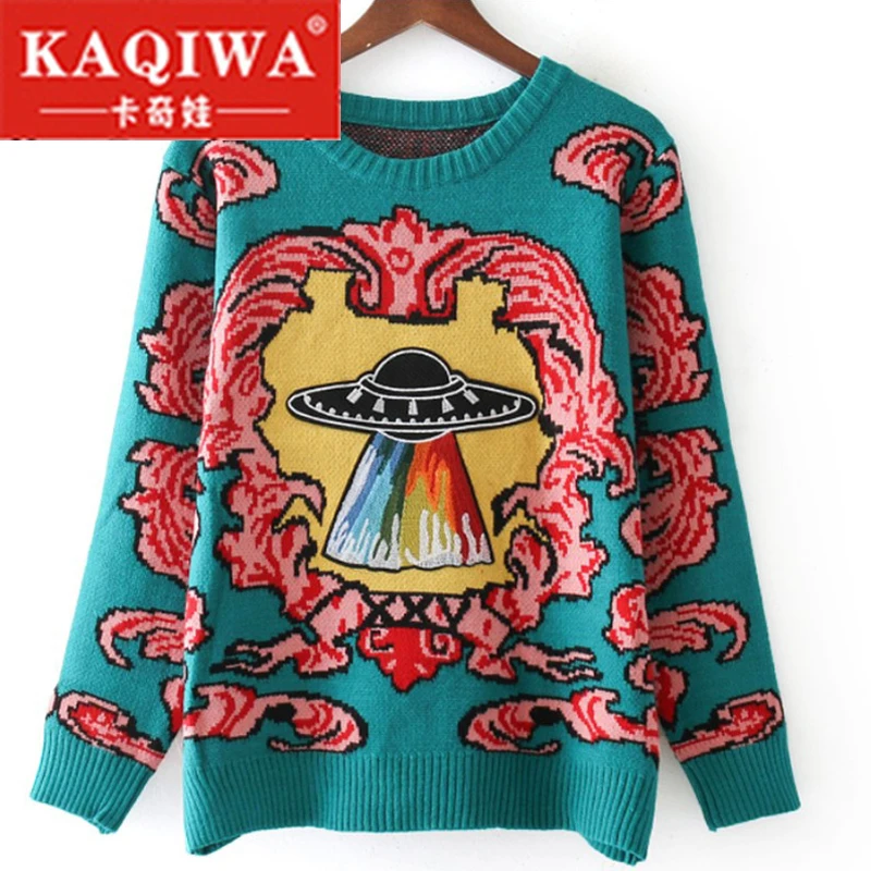 

2018 autumn Women New vintage warm sweaters UFO Clouds Jacquard pullovers winter autumn knitted retro loose tops blusas