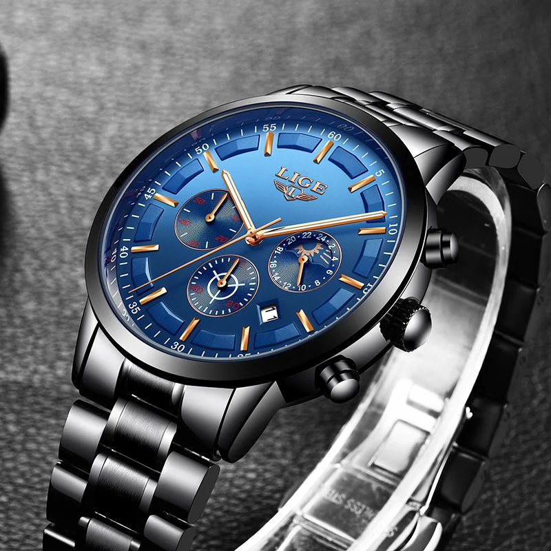 LIGE Mens Watches Top Brand Luxury Men's Sports Military Watch Men's Stainless Steel Waterproof Quartz Watch Relogio Masculino