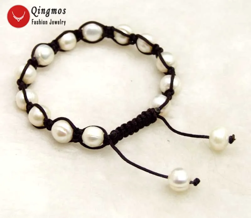 

Qingmos Trendy Natural Pearl Women Bracelets with 9-10mm White Round Pearl China Silk Handwork Weave Adjustable Bracelets-bra376