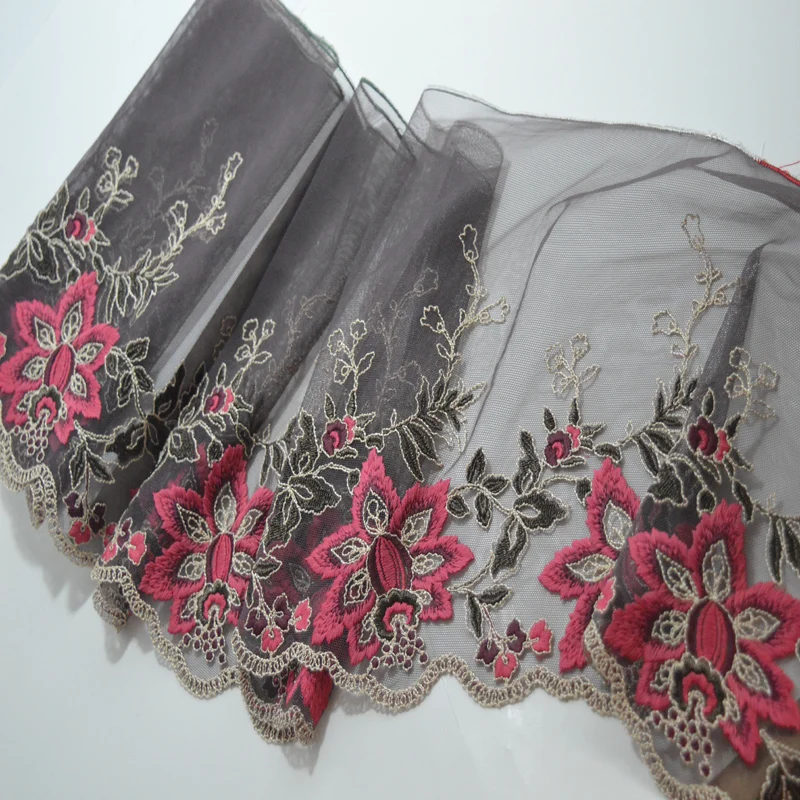 

Free shipping (2yds/lot)black gauze red pink mixed flower Embroidery Hight quality lace fabrics embroidered lace trim 17050702