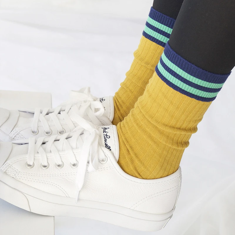 

2018 women socks spring 1 pair long socks school style cotton solid color women fashion Retro striped socks for women Korean