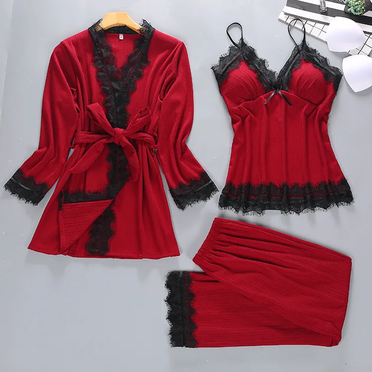 

Spring Womens Night Robe 3pcs Top Long Pants Suit Sleepwear Sets Casual V-Neck Pajamas Autumn Nightwear Kimono Bath Gown M L XL