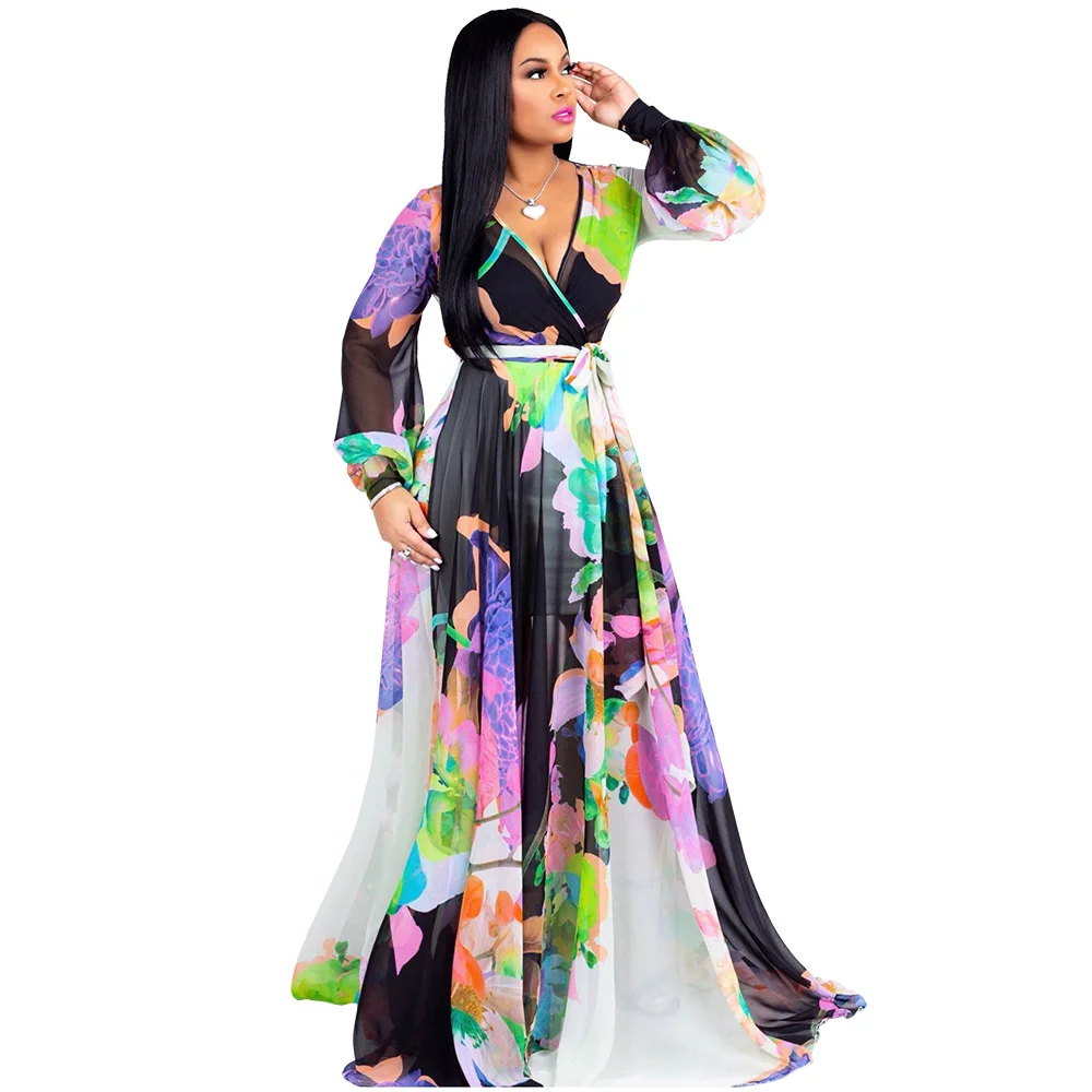 

Popular sexy printed women's chiffon v-neck long dress
