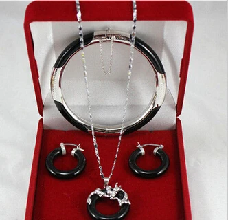 

Miss charm Jew.264 genuine Natural black jade silver dragon pendant earrings bracelet set