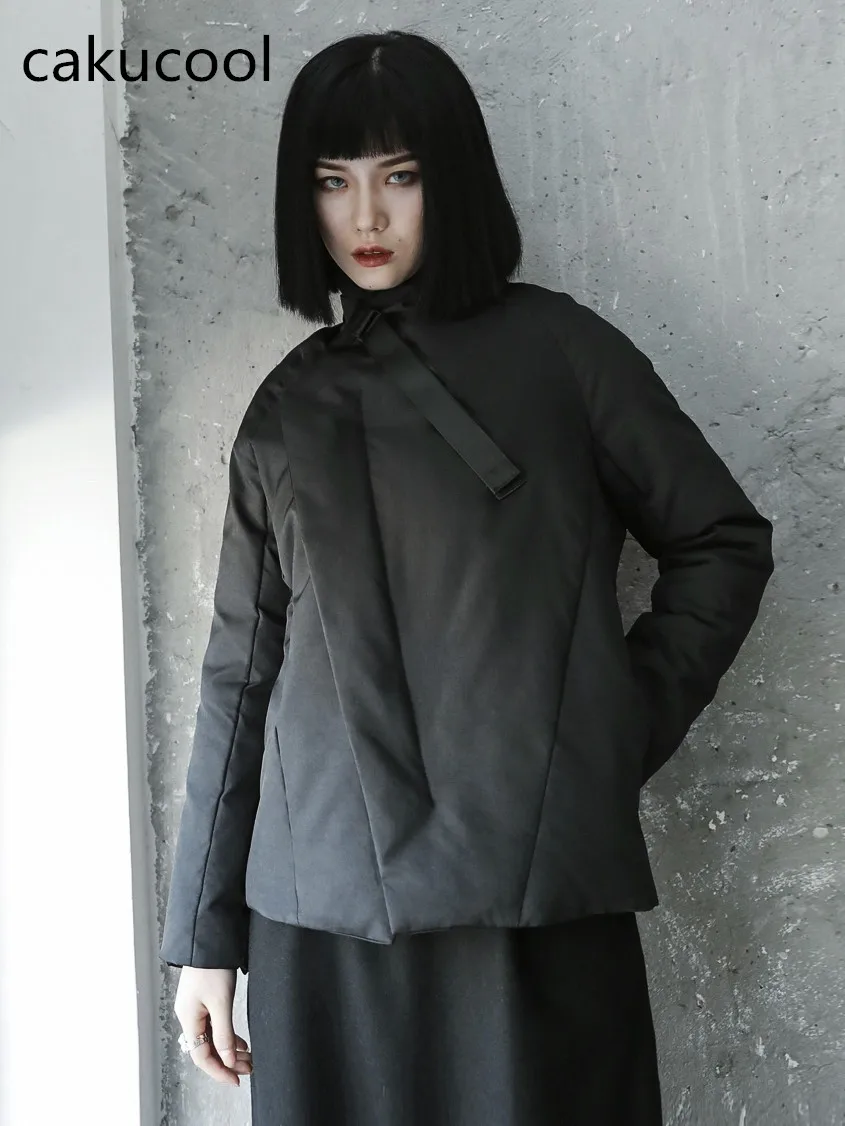 

Cakucool Fashion New Winter Parka Women Slim Short Coats Asymmetric Japanese Minimal Black Coat Korean Parkas Female